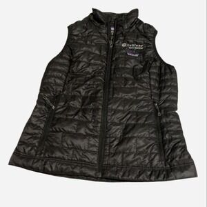 Patagonia black puffer quilted vest with custom embroidery.